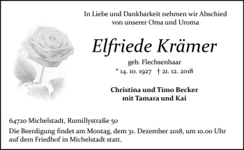 Traueranzeige von Elfriede Krämer von vrm-trauer