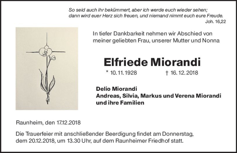  Traueranzeige für Elfriede Miorandi vom 19.12.2018 aus vrm-trauer