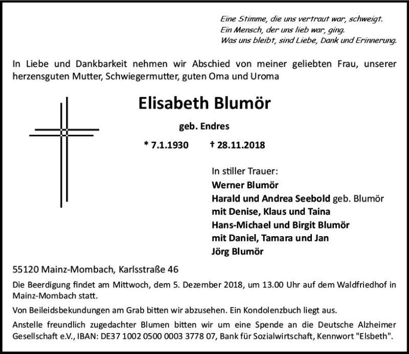  Traueranzeige für Elisabeth Blumör vom 01.12.2018 aus vrm-trauer