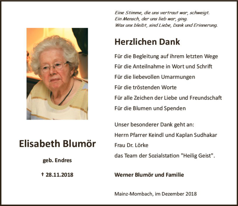  Traueranzeige für Elisabeth Blumör vom 22.12.2018 aus vrm-trauer