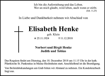 Traueranzeige von Elisabeth Henke von vrm-trauer