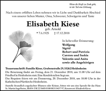 Traueranzeige von Elisabeth Kiese von vrm-trauer