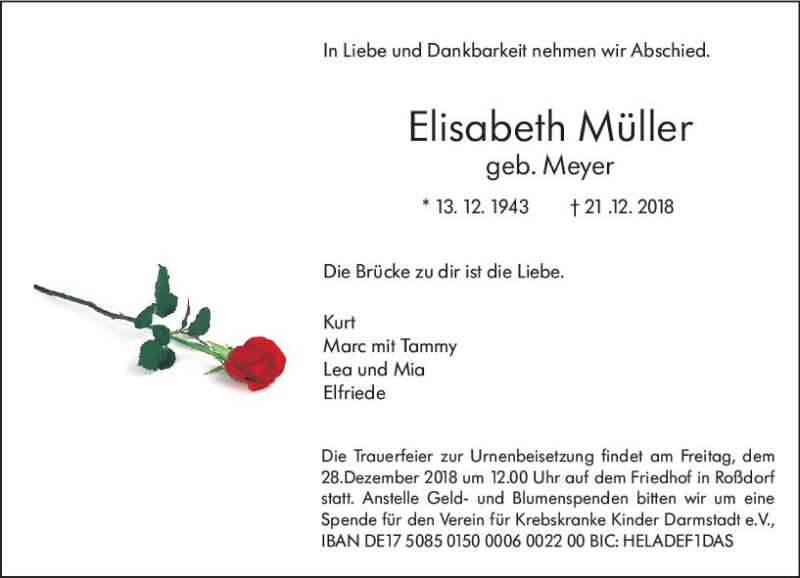  Traueranzeige für Elisabeth Müller vom 24.12.2018 aus vrm-trauer