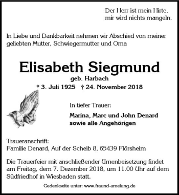 Traueranzeige von Elisabeth Siegmund von vrm-trauer