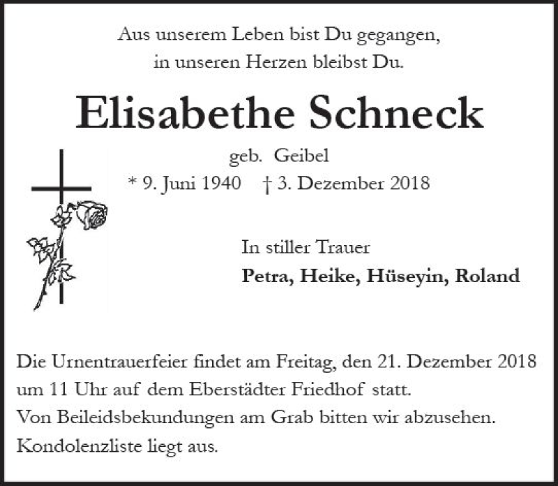  Traueranzeige für Elisabethe Schneck vom 15.12.2018 aus vrm-trauer