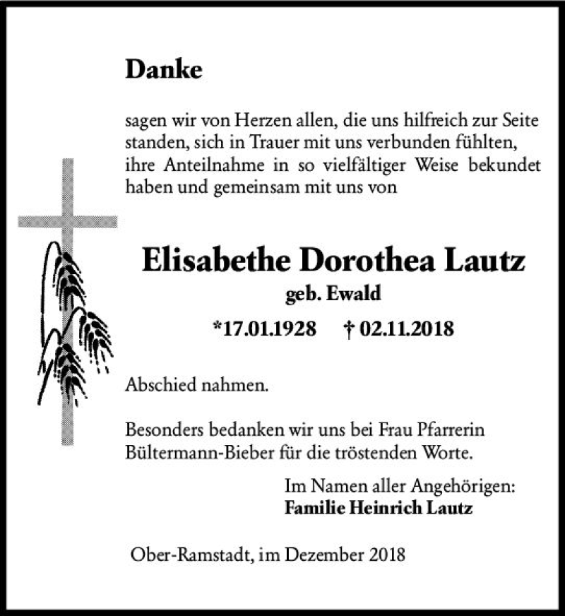  Traueranzeige für Elisabethe Dorothea Lautz vom 15.12.2018 aus vrm-trauer