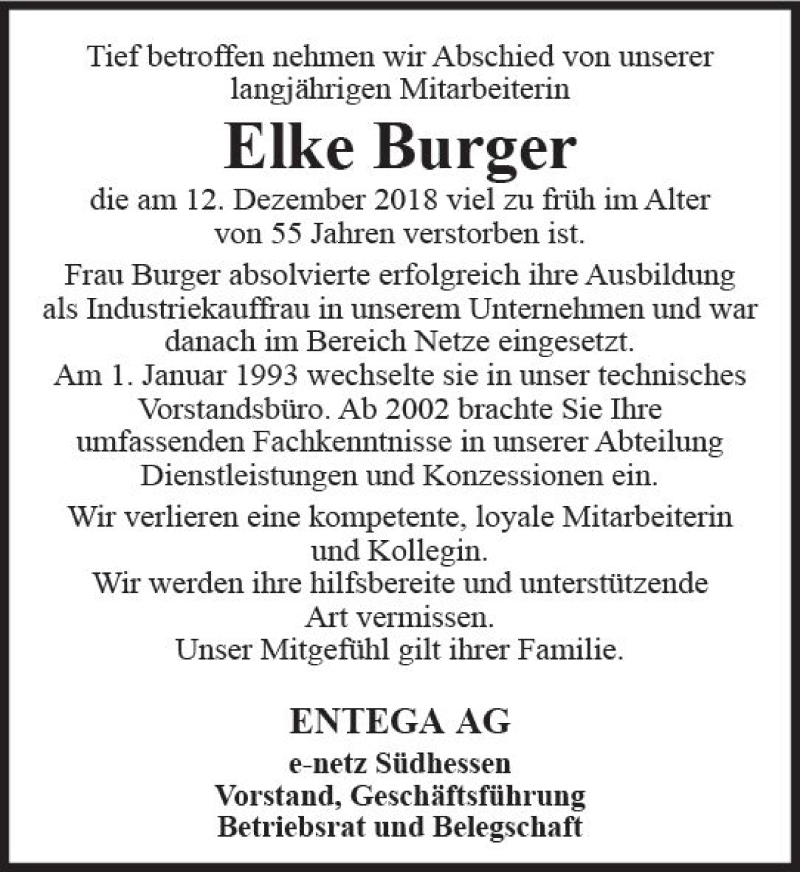  Traueranzeige für Elke Burger vom 22.12.2018 aus vrm-trauer