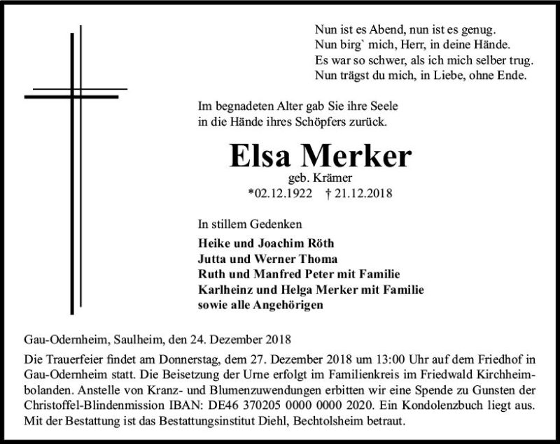  Traueranzeige für Elsa Merker vom 24.12.2018 aus vrm-trauer