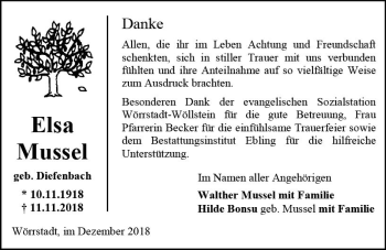 Traueranzeige von Elsa Mussel von vrm-trauer