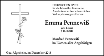 Traueranzeige von Emma Pennewiß von vrm-trauer