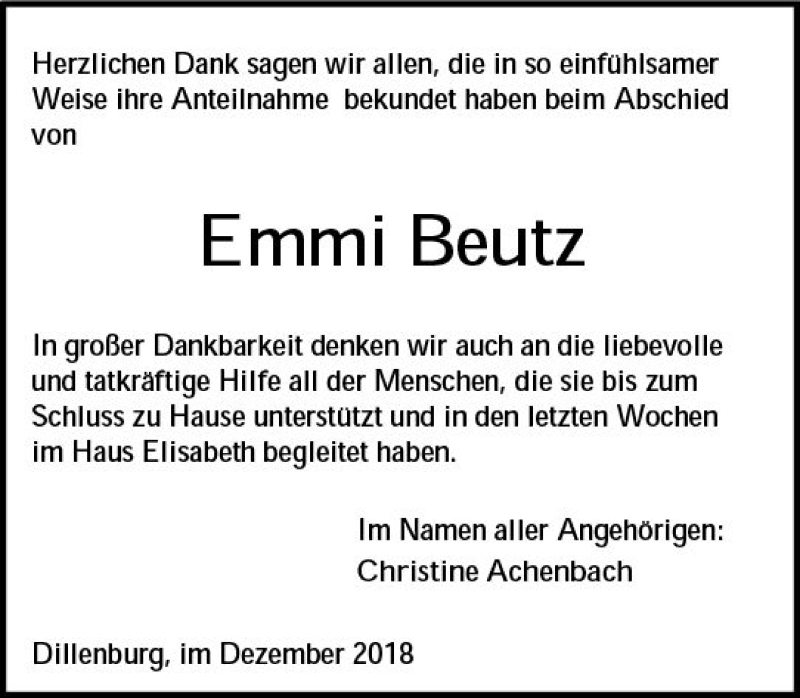  Traueranzeige für Emmi Beutz vom 15.12.2018 aus  Dill Block ()