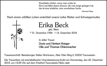 Traueranzeige von Erika Beck von vrm-trauer