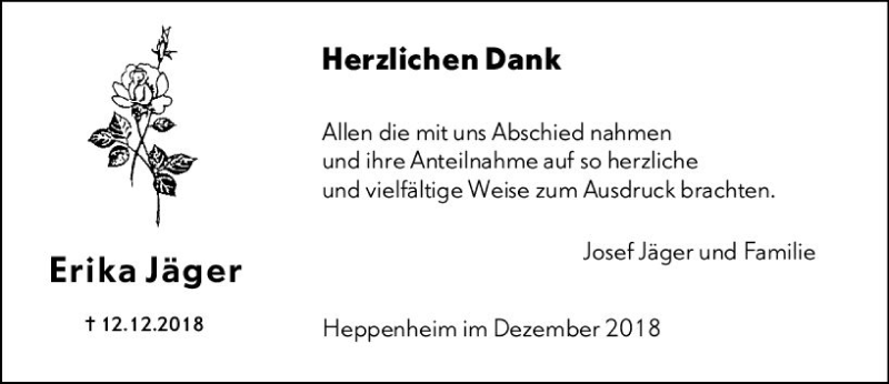  Traueranzeige für Erika Jäger vom 29.12.2018 aus vrm-trauer
