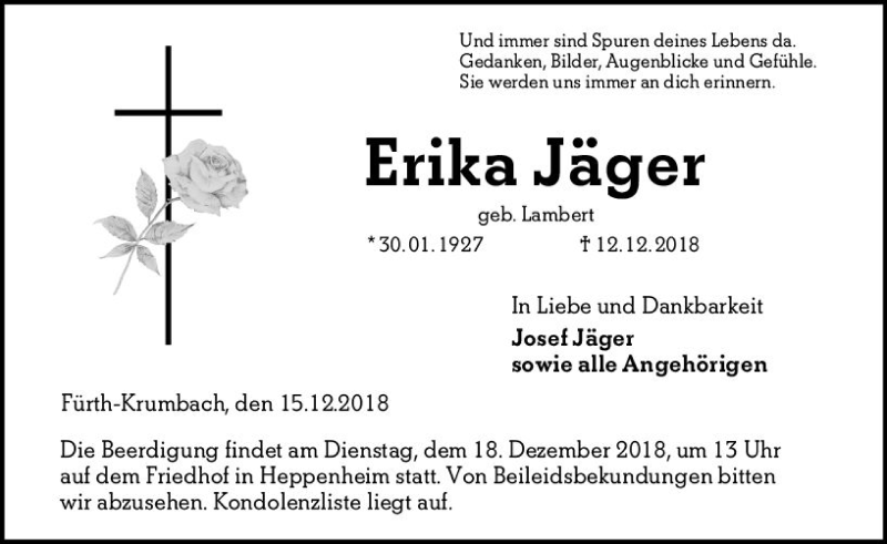  Traueranzeige für Erika Jäger vom 15.12.2018 aus vrm-trauer