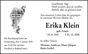 Traueranzeige von Erika Klein von vrm-trauer