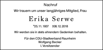 Traueranzeige von Erika Serwe von vrm-trauer