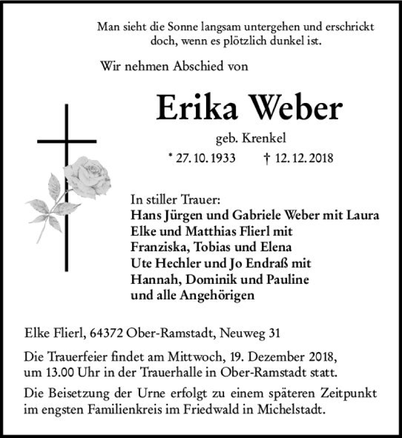  Traueranzeige für Erika Weber vom 15.12.2018 aus vrm-trauer