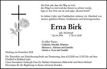 Traueranzeige von Erna Birk von vrm-trauer