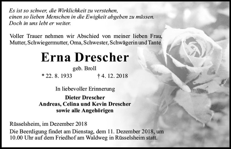  Traueranzeige für Erna Drescher vom 08.12.2018 aus vrm-trauer