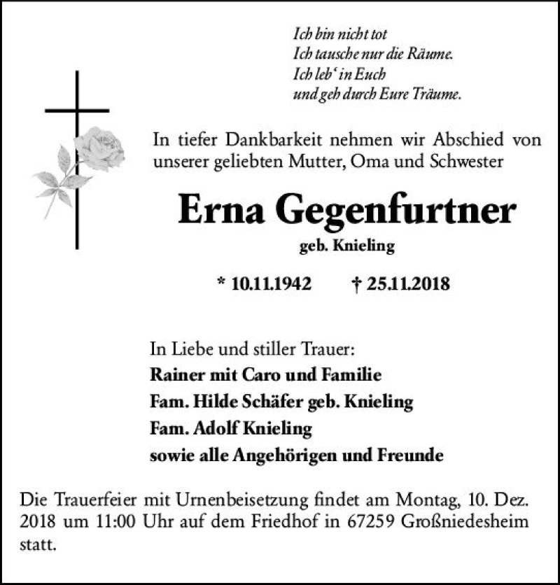 Traueranzeige für Erna Gegenfurtner vom 06.12.2018 aus vrm-trauer