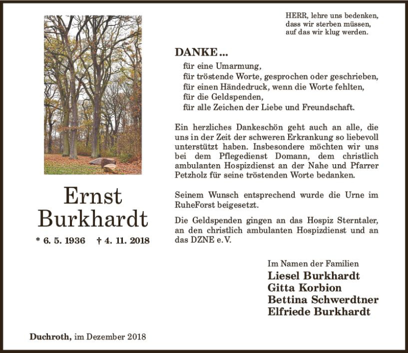  Traueranzeige für Ernst Burkhardt vom 08.12.2018 aus vrm-trauer