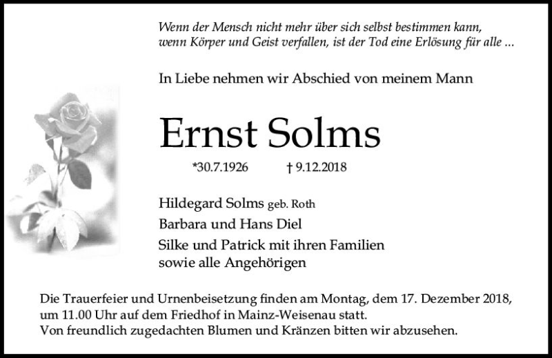  Traueranzeige für Ernst Solms vom 15.12.2018 aus vrm-trauer
