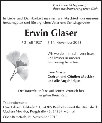 Traueranzeige von Erwin Glaser von vrm-trauer