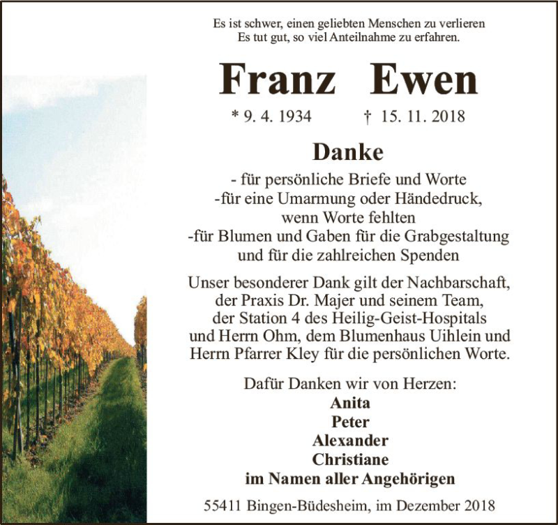  Traueranzeige für Franz Ewen vom 22.12.2018 aus vrm-trauer