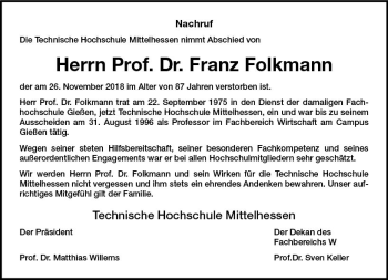 Traueranzeige von Franz Folkmann von  Gießener Anzeiger
