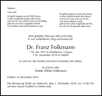 Traueranzeige von Franz Folkmann von  Gießener Anzeiger