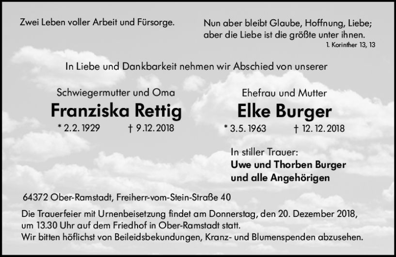  Traueranzeige für Franziska Rettig vom 18.12.2018 aus vrm-trauer