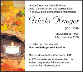 Traueranzeige von Frieda Krieger von  Kreisanzeiger