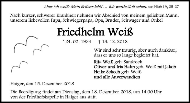  Traueranzeige für Friedhelien Weiß vom 15.12.2018 aus  Dill Block ()