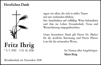 Traueranzeige von Fritz Ihrig von vrm-trauer