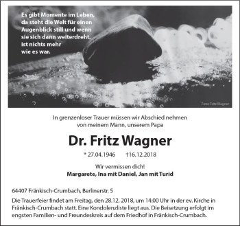 Traueranzeige von Fritz Wagner von vrm-trauer