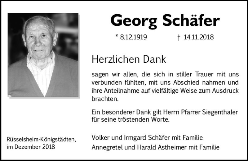  Traueranzeige für Georg Schäfer vom 08.12.2018 aus vrm-trauer