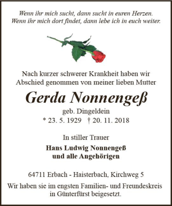 Traueranzeige von Gerda Nonnengeß von vrm-trauer