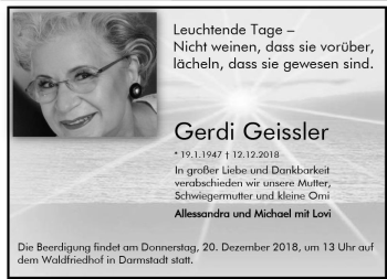 Traueranzeige von Gerdi Geissler von vrm-trauer