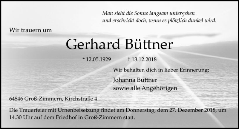  Traueranzeige für Gerhard Büttner vom 22.12.2018 aus vrm-trauer