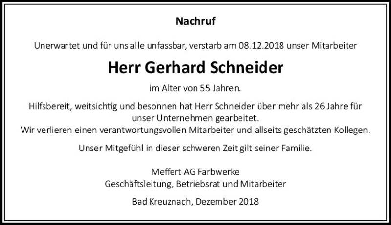  Traueranzeige für Gerhard Schneider vom 15.12.2018 aus vrm-trauer
