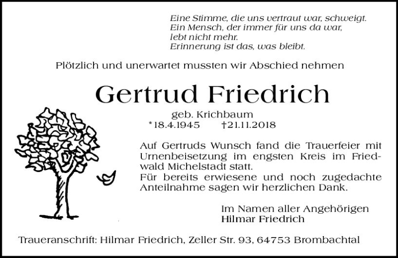  Traueranzeige für Gertrud Friedrich vom 15.12.2018 aus vrm-trauer