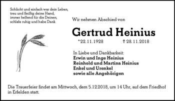 Traueranzeige von Gertrud Heinius von vrm-trauer