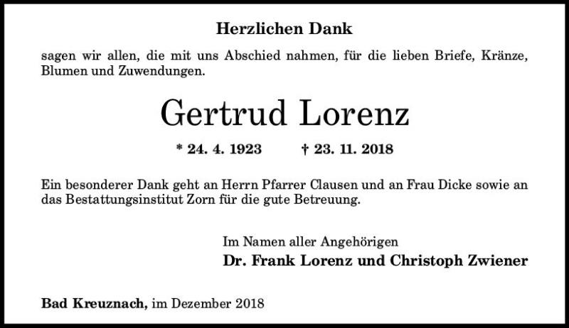  Traueranzeige für Gertrud Lorenz vom 22.12.2018 aus vrm-trauer