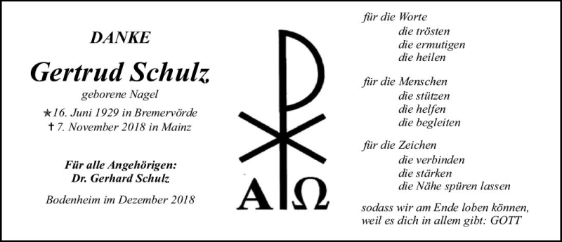  Traueranzeige für Gertrud Schuh vom 15.12.2018 aus vrm-trauer