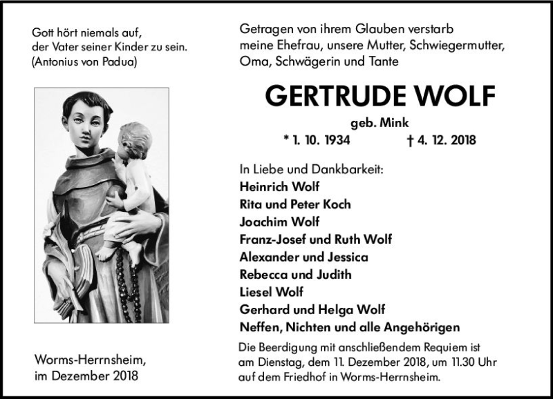  Traueranzeige für Gertrude Wolf vom 08.12.2018 aus vrm-trauer
