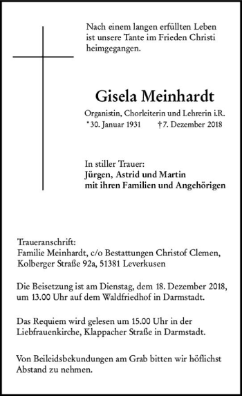 Traueranzeige von Gisela Meinhardt von vrm-trauer