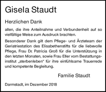Traueranzeige von Gisela Staudt von vrm-trauer