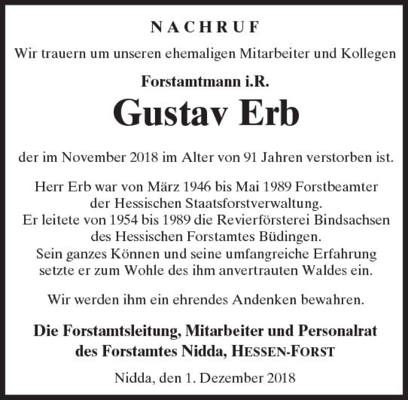  Traueranzeige für Gustav Erb vom 01.12.2018 aus  Kreisanzeiger