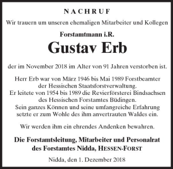 Traueranzeige von Gustav Erb von  Kreisanzeiger