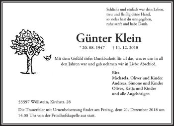 Traueranzeige von Günter Klein von vrm-trauer